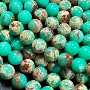 Perles rondes en jaspe sédiment marin naturel 6 mm 8 mm, belle couleur beige vert sarcelle, perles de jaspe impériales sur rang complet 15,5 po
