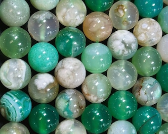 AAA Natural Green Blossom Flower Agate 10mm Round Beads, Beautiful Green Beige Color Flower Agate Beads, Excellent Quality Full Strand 15.5"