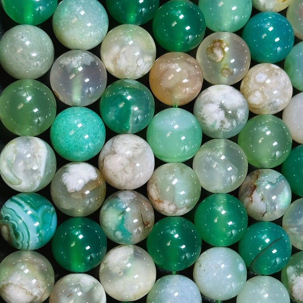 AAA Natural Green Blossom Flower Agate 10mm Round Beads, Beautiful Green Beige Color Flower Agate Beads, Excellent Quality Full Strand 15.5"