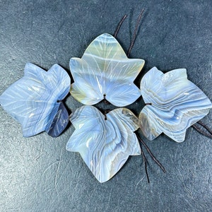 May include: Five blue and white agate leaf-shaped beads with brown string attached.