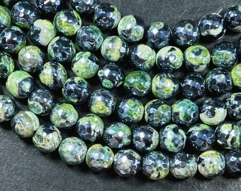 Mystic Natural Tibetan Agate Gemstone Bead Faceted 8mm 10mm Round Beads, Beautiful Mystic Green Black Agate Stone Beads, Full Strand 15.5"