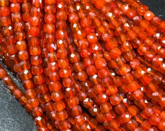 AAA Natural Carnelian Gemstone Bead Faceted 4mm Cube Shape Bead, Beautiful Natural Red Orange Color Carnelian Stone Beads Full Strand 15.5"