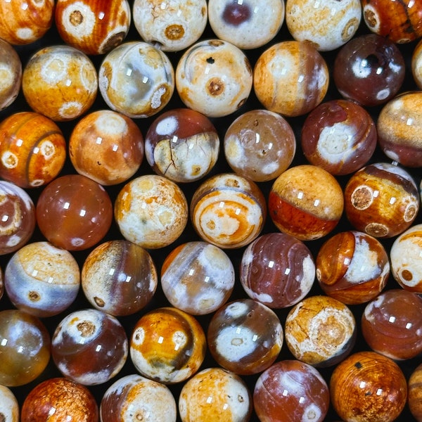 Natural Eye Agate Gemstone Bead 8mm 10mm Round Bead, Gorgeous Orange Red Beige Color Agate Gemstone Bead Excellent Quality Full Strand 15.5"