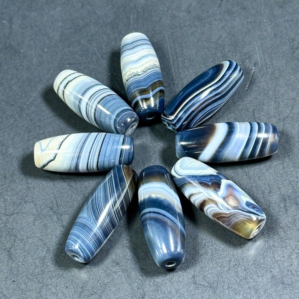 AAA NATURAL Botswana Agate Gemstone Bead 34x13mm Barrel/Tube Shape Bead, Gorgeous Gray/Grayish Blue White Color Botswana Agate LOOSE Beads