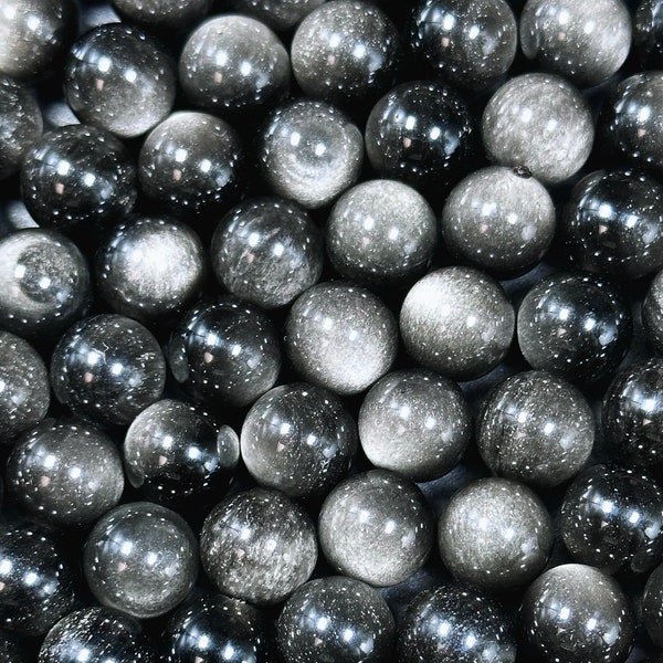 AAA Natural Silver Obsidian Gemstone Bead 6mm 8mm 10mm 12mm Round Bead, Gorgeous Black Silver Sheen Bead, Excellent Quality Full Strand 15.5