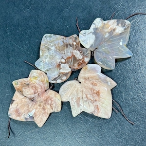 Natural Hand Carved Cherry Blossom Flower Agate Gemstone Pendant 55mm Maple Leaf Shape Pendant, Beautiful Pink Beige Color Loose Pendant