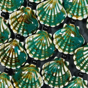 Beautiful Hand Painted Porcelain Beads, 31x28mm Unique Hand Painted Porcelain Scallop Shape Bead, Gorgeous Turquoise Green Porcelain Bead 9&quot;