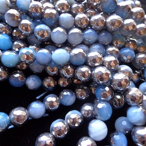 Natural Gemstone silver Coated Blue Agate beads 8,10,12mm beads, Full length 15.5 inches, Faceted Round Shape, Great for JEWELRY making!