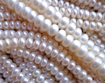 AAA Natural Freshwater Pearl Gemstone , 7x5mm, 9x6mm, Rondelle Pearl Beads, Ivory White, Great Quality Jewelry! Full length 15.5"