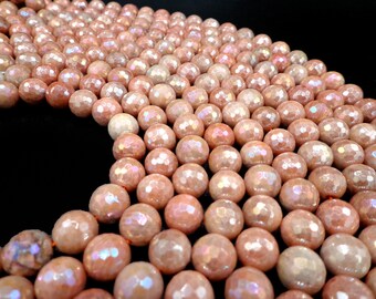 4mm 6mm 8mm 10mm 12mm Natural Color Peach MoonStone High Quality Faceted Round Gemstone Beads 15.5 Inches Strand #3005