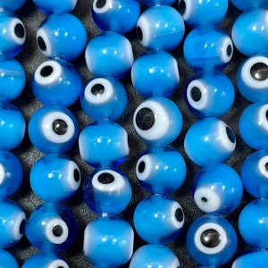 Evil eye glass beads 6mm 8mm 10mm round shape. Lucky eye bead, beautiful turquoise blue color, white and black eye. Full strand glass beads image 1