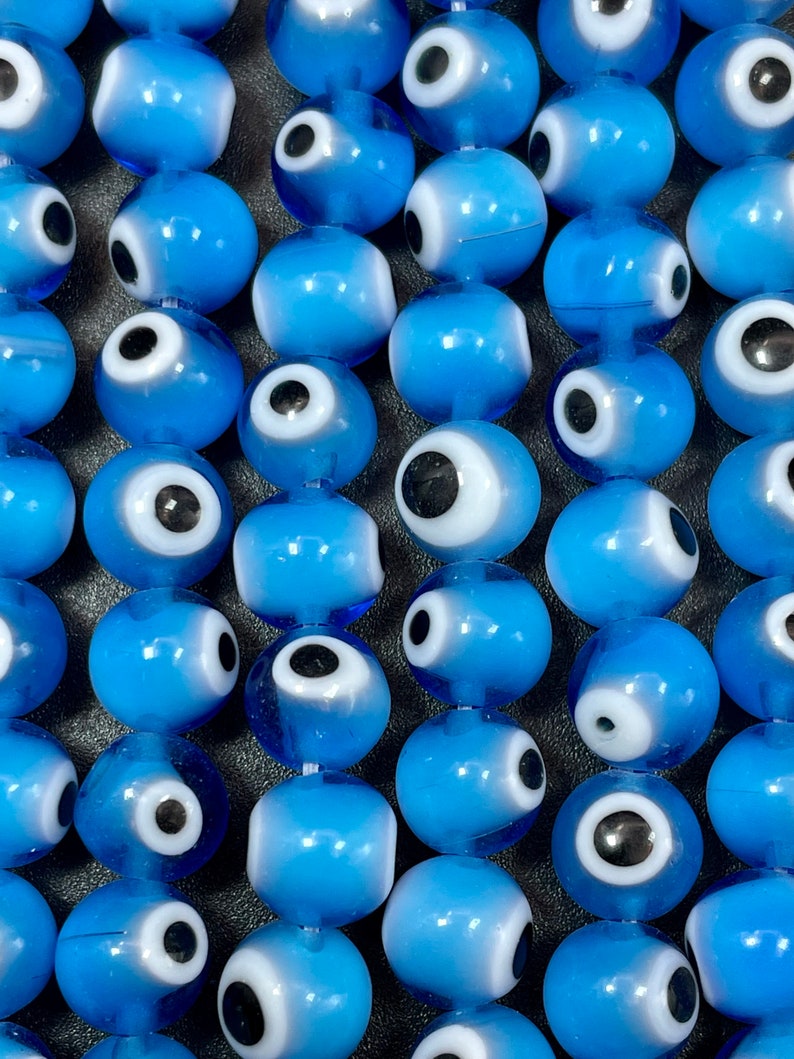Evil eye glass beads 6mm 8mm 10mm round shape. Lucky eye bead, beautiful turquoise blue color, white and black eye. Full strand glass beads image 1