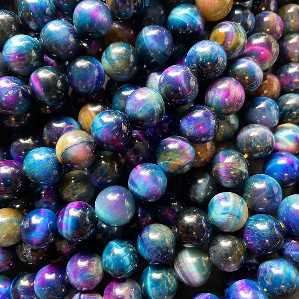 Natural multi tiger eye. Galaxy tiger eye bead . 6mm 8mm 10mm 12mm round bead . Gorgeous blue purple multi color tiger eye bead . 15.5”