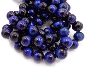 Perle de pierres précieuses NATURELLE. Oeil de tigre bleu, perle. Perle ronde lisse 4 mm 6 mm 8 mm 10 mm 12 mm brin complet 16 pouces, idéale pour fabriquer des BIJOUX !
