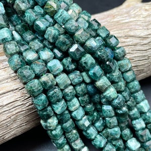 AAA Natural Emerald stone bead. Faceted 6mm 8mm cube shape bead. Gorgeous natural green color. High quality! Full Strand 15.5&quot;