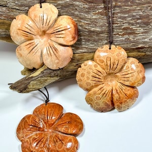 Hand Carved Natural Fossil Coral Gemstone Pendant 54mm Flower Shape, Beautiful Orange Red Beige Color Hand Carved Loose Fossil Coral Pendant