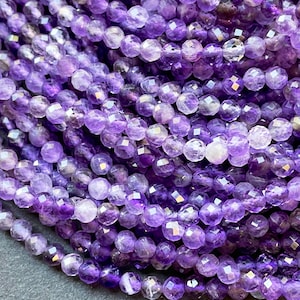 AAA Natural amethyst stone bead. Faceted 4mm round bead. Beautiful natural lavender purple color gemstone. Full strand 15.5”