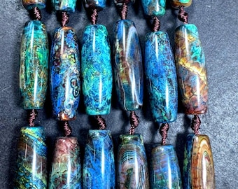 Natürliche tibetische Edelsteinperle. Tonnenform. Wunderschöne Türkis Blau Braun Misch Farbe. Hervorragende Qualität. Ganzer Strang 15,5 ”