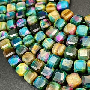 AAA galaxy tiger eye stone bead. Faceted 8mm cube shape bead . Gorgeous green multi color tiger eye gemstone .Unique looking tiger eye bead