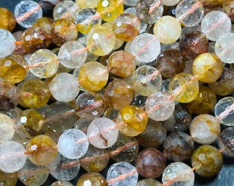 Naturalny, fasetowany koralik z rutylowego złotego kwarcu leczniczego o średnicy 6 mm, 8 mm i 10 mm, piękny, złoty, żółty, przezroczysty koralik kwarcowy, sznur 15,5 cala