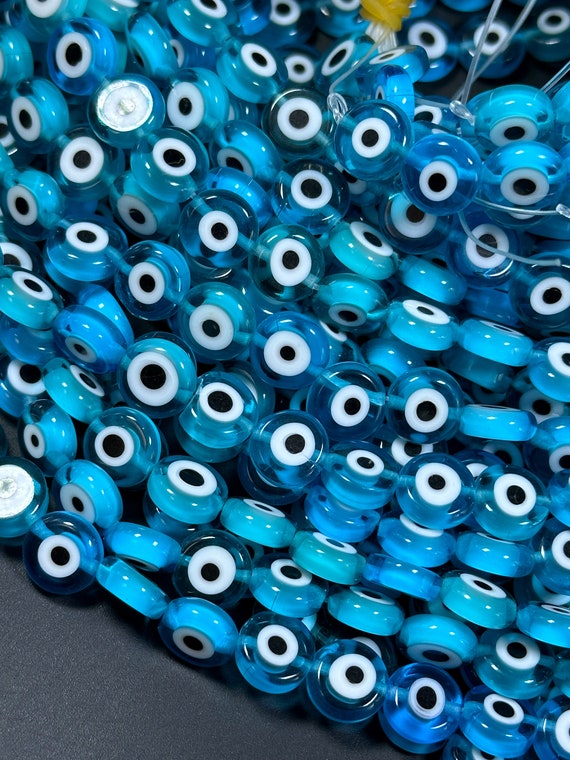 10mm Flat Round Turquoise Glass Evil Eye Beads