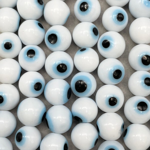 Evil eye glass beads, smooth 6mm 8mm 10mm round shape. Lucky eye beads, beautiful white color, blue and black eye. Full strand glass beads