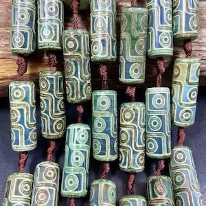 Natural Tibetan Hand Painted Stone Bead. 30x10mm Cylinder Shape Bead. Gorgeous Green Color Gemstone. Full Strand 15.5"
