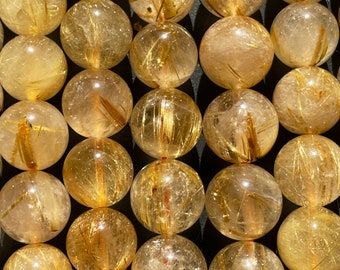 AA+ guide Natural gold rutilated quartz. round bead . natural golden yellow color gemstone loose bead.