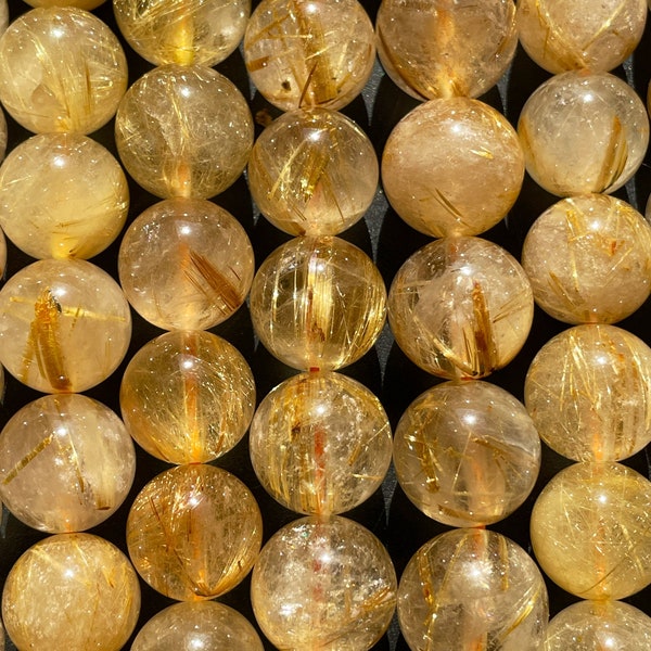 AA+ guide Natural gold rutilated quartz. round bead . natural golden yellow color gemstone loose bead.