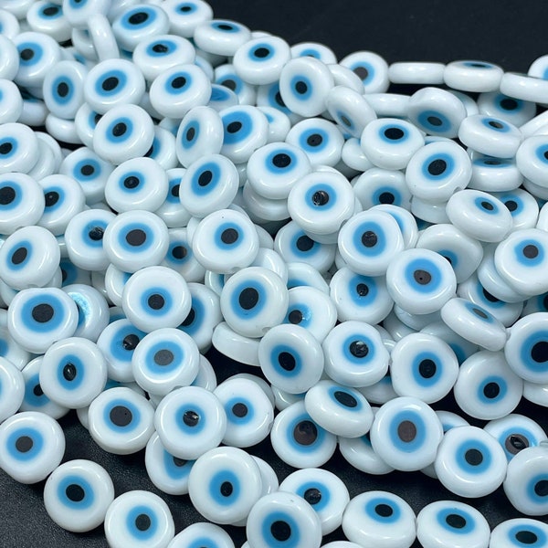 Beautiful Evil eye glass crystal beads . Religious amulet prayer beads. 8mm 10mm flat Coin shape Beautiful white blue color. Lucky eye bead.