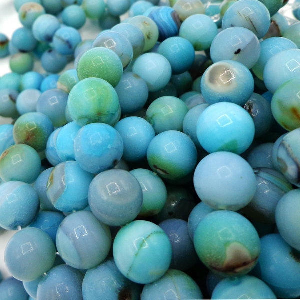 NATURAL Gemstone Dragon Skin Agate, Smooth Round, Aqua Blue Color 8mm, 10mm, 12mm Full Strand 16'', Great for Jewelry Making!