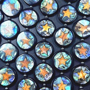Natural Abalone Shell Coin Shape Beads with Orange Star 26mm, Unique and Great Quality 15.5"