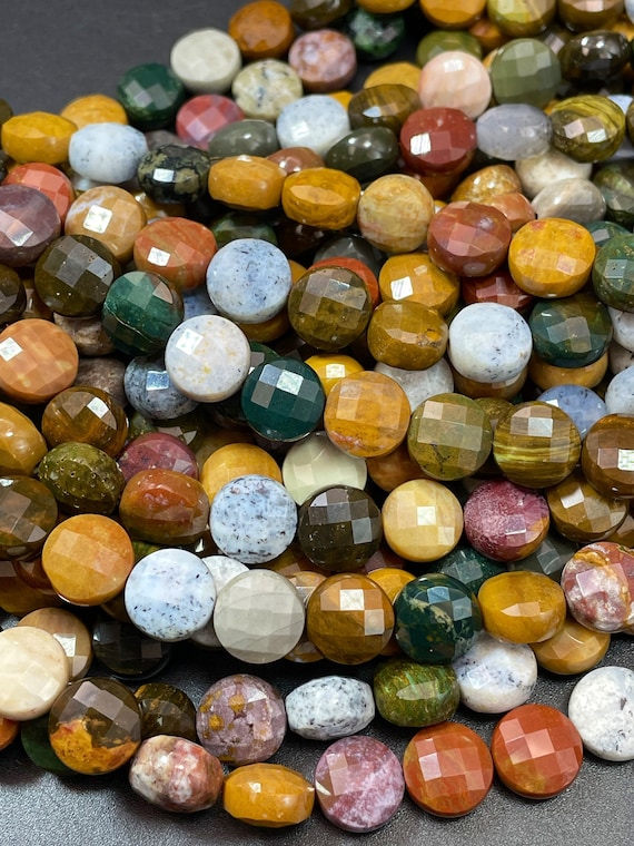 AAA Natural ocean jasper stone bead. 10mm coin shape bead. Beautiful natural brown green yellow orange color. Unique looking gemstone bead