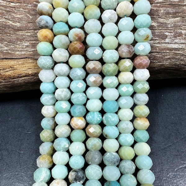 AAA NATURAL Amazonite Gemstone beads .Faceted Rondelle 8x6mm, Beautiful blue brown Color Bead Amazing Quality loose beads Full Strand 15.5"