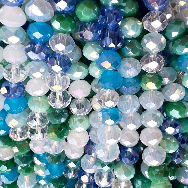 Beautiful Multi-color Crystal 4mm, 6mm, 8mm, Faceted Rondelle Shape Gorgeous Mix of Blue, White, and Green Colors, Great Quality Glass!