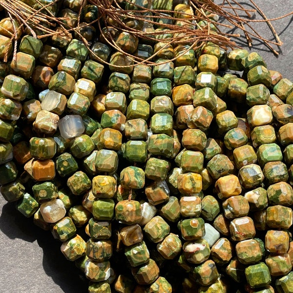 AAA Natural green rhyolite stone bead . Faceted 8mm cube shape. Beautiful natural green brown color gemstone. Full strand 15.5”