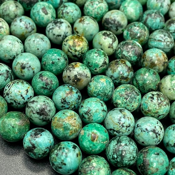 AAA Natural African turquoise stone bead. 6mm 8mm 10mm round bead . Gorgeous natural turquoise green blue with black points Gemstone,