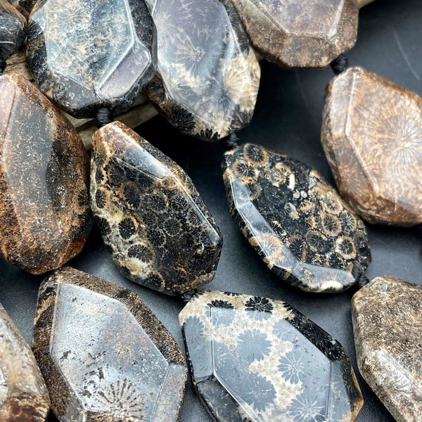 AAA Natural fossil coral stone bead. 28x40mm Faceted teardrop Shape . Gorgeous black color with natural flower design on. High quality bead