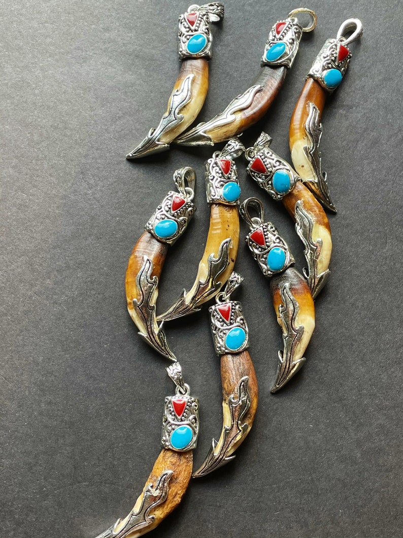 Wunderschöner Wolfszahn Anhänger. 10x45mm Zähne Form Anhänger. Wunderschöne braune Farbe mit rot blauer Perle auf. Versilberter Zähne Anhänger Bild 6