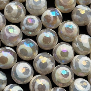 Mystic natural hand painted agate bead. Eye Ball  Faceted 6-12mm round bead . Gorgeous white color with hand painted Tibetan gemstone bead
