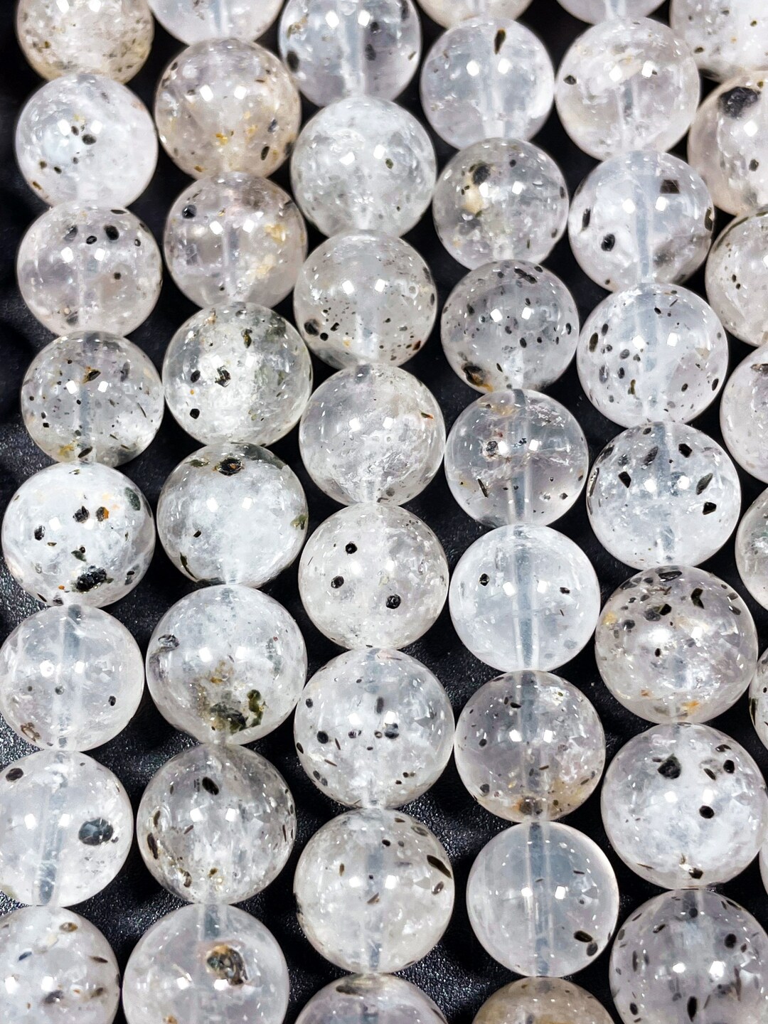 AAA Natural Turmaline Quartz Gemstone Round Bead. Natural Clear With Black Points. Turmaline