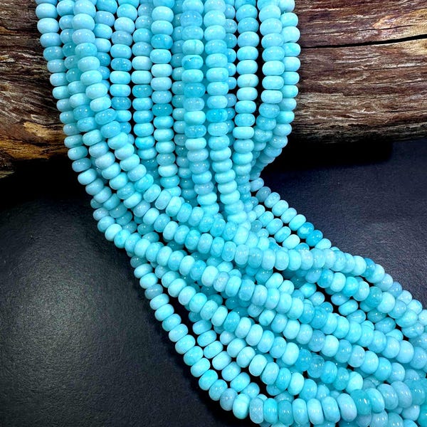 Hermosas cuentas de jade larimar aguamarina 100% natural, lisas, en forma de rondel, de 5 x 8 mm, de impresionante color aguamarina y gran calidad, 15,5".