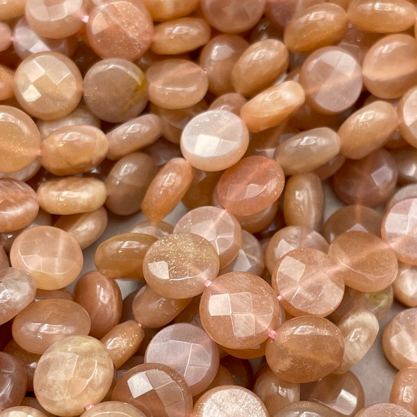 AAA Natural peach moonstone bead. Faceted 10mm 12mm coin bead. Gorgeous natural orange peach color moonstone bead. Full strand 15.5”