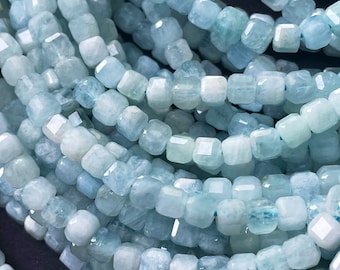 AAA Natural aquamarine stone bead. 4mm 8mmfaceted square shape. Beautiful natural sea blue color aquamarine gemstone bead. full strand 15.5”