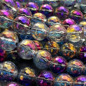 Rainbow mystic galaxy quartz crystal gemstone bead. Faceted 8mm 10mm round bead. Rainbow color. Full strand 15.5”