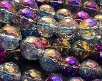 Rainbow mystic galaxy quartz crystal gemstone bead. Faceted 8mm 10mm round bead. Rainbow color. Full strand 15.5”
