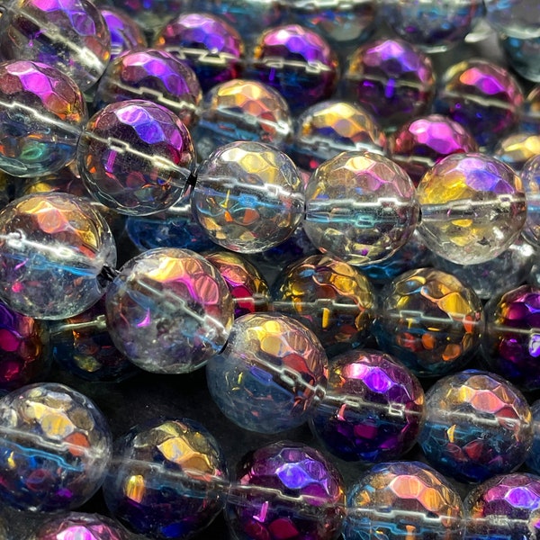 Rainbow mystic galaxy quartz crystal gemstone bead. Faceted 8mm 10mm round bead. Rainbow color. Full strand 15.5”