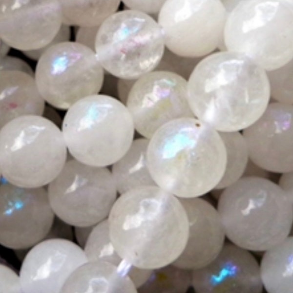 Beautiful Mystic Moonstone Gemstone Beads - 6mm 8mm 10mm - Smooth Round Beads - Beautiful White Beads - Great Quality - Full length 15.5"