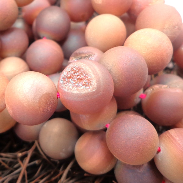 NATURAL Gemstone Druzy Agate Beads, Peach-brown Smooth Round, Matte Finish, 12mm 10mm 6mm 8mm Full Strand 15.5" Great for jewelry making!!!