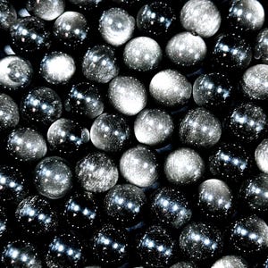 AAA Natural Silver Obsidian Gemstone Bead 6mm 8mm 10mm 12mm Round Bead, Gorgeous Black Silver Sheen Bead, Excellent Quality Full Strand 15.5